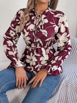 Floral Print Mock Neck Peplum Blouse - Image 13