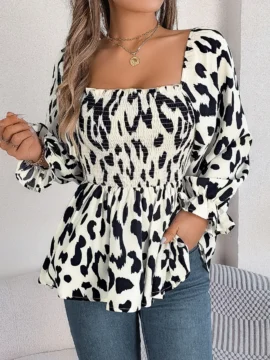 Leopard Print Smocked Square Neck Blouse Leopard Print Smocked Square Neck Blouse - Image 10