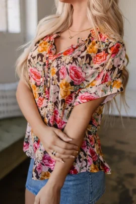 Floral Ruffle V-Neck Tie Front Blouse Floral Ruffle V-Neck Tie Front Blouse - Image 4