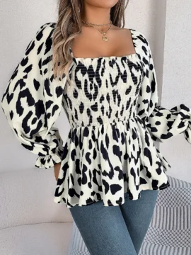 Leopard Print Smocked Square Neck Blouse Leopard Print Smocked Square Neck Blouse - Image 9