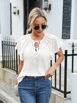Eyelet Lace Tie Neck Flutter Sleeve Blouse Eyelet Lace Tie Neck Flutter Sleeve Blouse - Image 5