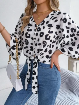 Leopard Print Tie Front V-Neck Blouse - Image 4