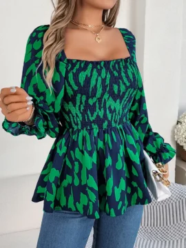 Leopard Print Smocked Square Neck Blouse Leopard Print Smocked Square Neck Blouse - Image 17