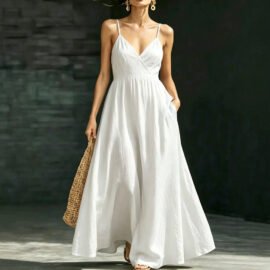 Casual Maxi Sundress with Pockets -  V-Neck Backless Strap
