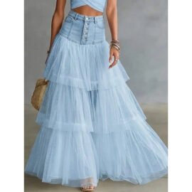 High-Waist Corset Denim Tulle Maxi Skirt