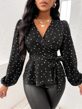Heart Print Wrap Tie Peplum Blouse - Image 2