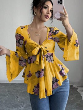 Sweet Floral Ombre Tie-Back Square Neck Long Sleeve Blouse Sweet Floral Ombre Tie-Back Square Neck Long Sleeve Blouse - Image 8
