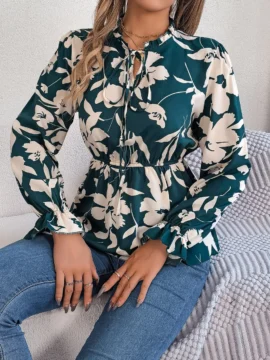 Floral Print Mock Neck Peplum Blouse - Image 12