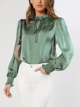 Satin Tie Neck Lantern Sleeve Blouse - Image 7