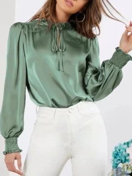 Satin Tie Neck Lantern Sleeve Blouse - Image 6