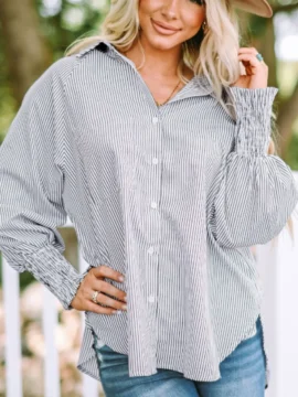 Striped Button Down Smocked Cuff Shirt - Image 10