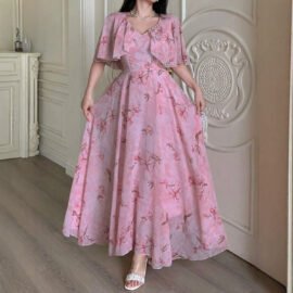 Floral Pleated Chiffon Midi Dress V-Neck & Flutter Sleeves