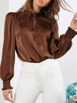 Satin Tie Neck Lantern Sleeve Blouse