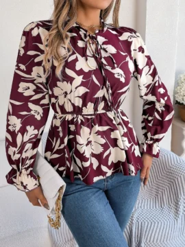 Floral Print Mock Neck Peplum Blouse - Image 18