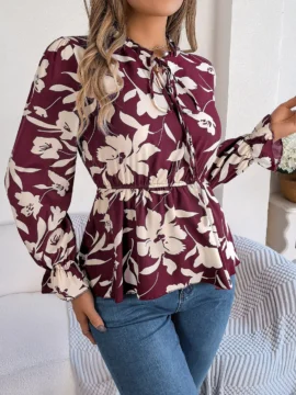 Floral Print Mock Neck Peplum Blouse - Image 17