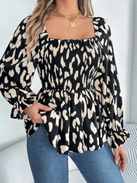 Leopard Print Smocked Square Neck Blouse