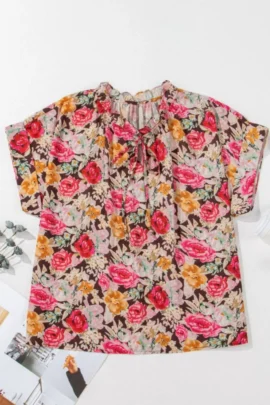 Floral Ruffle V-Neck Tie Front Blouse Floral Ruffle V-Neck Tie Front Blouse - Image 6