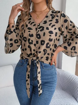 Leopard Print Tie Front V-Neck Blouse - Image 5
