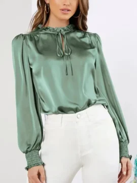 Satin Tie Neck Lantern Sleeve Blouse - Image 5
