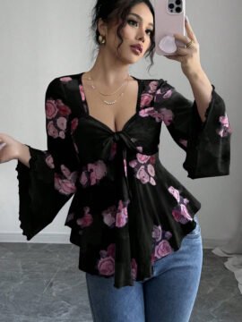 Sweet Floral Ombre Tie-Back Square Neck Long Sleeve Blouse Sweet Floral Ombre Tie-Back Square Neck Long Sleeve Blouse - Image 6