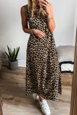 Leopard Print Sleeveless Side-Slit Maxi Dress