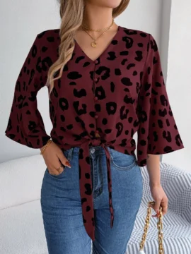 Leopard Print Tie Front V-Neck Blouse - Image 8