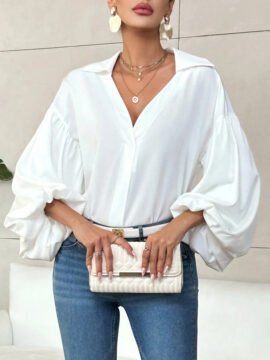 Polka Dot Half-Open Neck Loose Bubble Sleeve Long Sleeve Top
