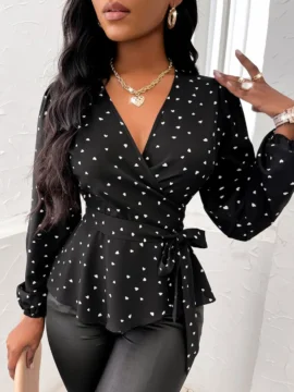 Heart Print Wrap Tie Peplum Blouse