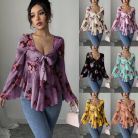Sweet Floral Ombre Tie-Back Square Neck Long Sleeve Blouse Sweet Floral Ombre Tie-Back Square Neck Long Sleeve Blouse - Image 2