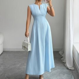 Pleated Plissé Maxi Dress - V-neck Sleeveless