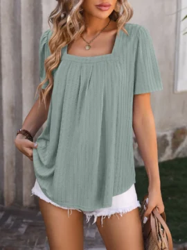 Square Neck Pleated Knit Summer Blouse - Image 28