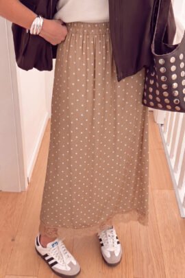 Brown Polka Dot Lace Hem Elegant Long Shift Skirt - Image 12