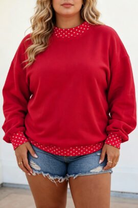 Racing Red Polka Dot Patchwork Round Neck Plus Size Sweatshirt - Image 50