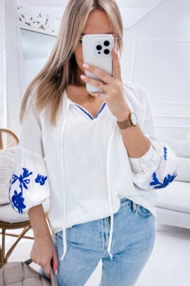 White Floral Embroidered Drawstring V Neck Blouse White Floral Embroidered Drawstring V Neck Blouse - Image 3