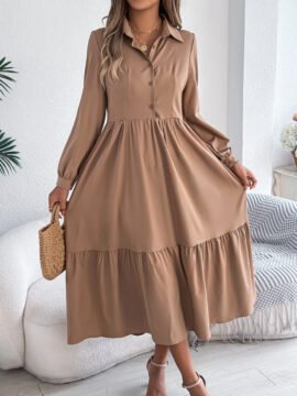 Long Sleeve Tiered Button Down Midi Shirt Dress with Pockets - Image 7