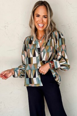 Green Geometric Print Buttoned Balloon Sleeve Loose Fit Shirt Green Geometric Print Buttoned Balloon Sleeve Loose Fit Shirt - Image 4