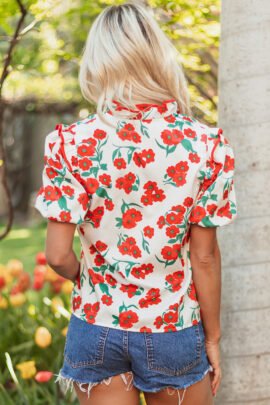 Red Floral Print Ruffled Puff Sleeve Elegant Summer Shirt Red Floral Print Ruffled Puff Sleeve Elegant Summer Shirt - Image 2