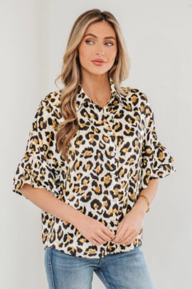 Khaki Leopard Print Ruffle Trim 3/4 Sleeve Loose Shirt - Image 7