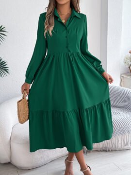 Long Sleeve Tiered Button Down Midi Shirt Dress with Pockets - Image 10