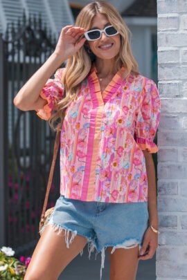Pink Poppy Flower Striped Print Color Block Trim V Neck Short Sleeve Blouse Pink Poppy Flower Striped Print Color Block Trim V Neck Short Sleeve Blouse - Image 4