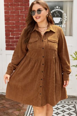 Camel Corduroy Full Buttoned Collared Shirt Style Plus Size Dress - Image 4