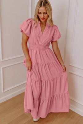 Bright Green Solid Color V Neck Short Puff Sleeve High Waist Tiered Maxi Dress Bright Green Solid Color V Neck Short Puff Sleeve High Waist Tiered Maxi Dress - Image 12