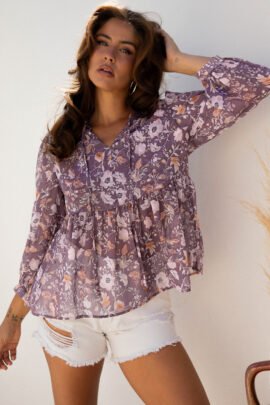 Blue Boho Flower Print 3/4 Sleeve Babydoll Blouse Blue Boho Flower Print 3/4 Sleeve Babydoll Blouse - Image 5