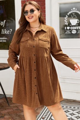 Camel Corduroy Full Buttoned Collared Shirt Style Plus Size Dress - Image 5