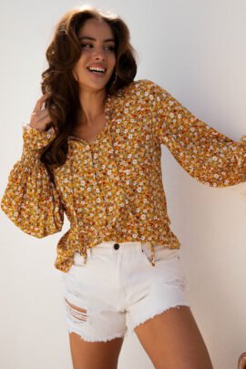 Orange Boho Floral Ruffled Bubble Sleeve V Neck Fall Blouse - Image 6