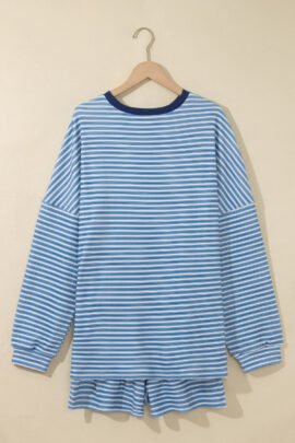 Sky Blue Stripe Long Sleeve Oversized Top Pocketed Casual Shorts Two Piece Set Sky Blue Stripe Long Sleeve Oversized Top Pocketed Casual Shorts Two Piece Set - Image 5