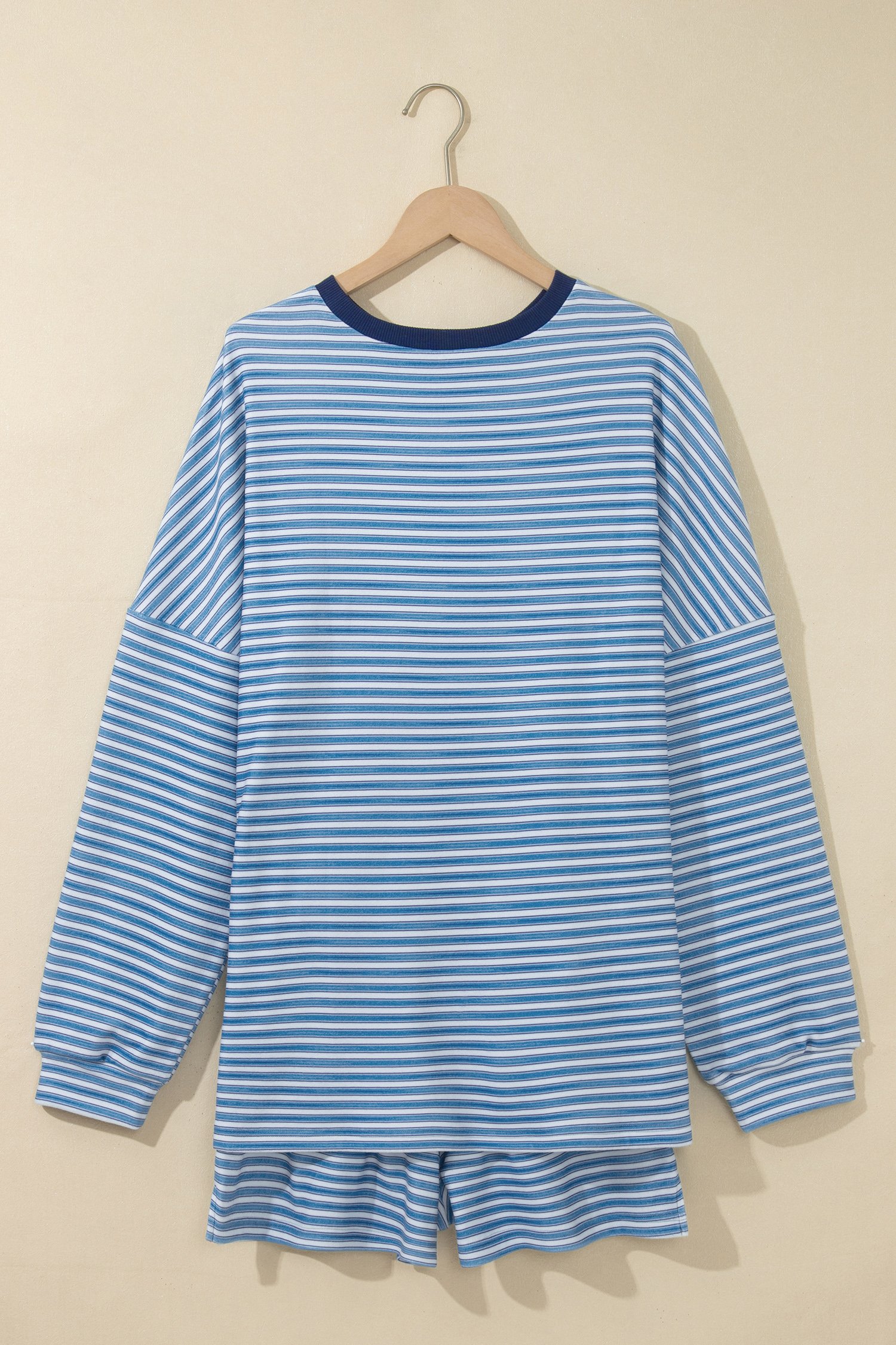 Sky Blue Stripe Long Sleeve Oversized Top Pocketed Casual Shorts Two Piece Set Sky Blue Stripe Long Sleeve Oversized Top Pocketed Casual Shorts Two Piece Set - Image 5