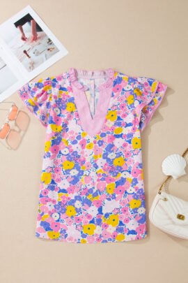 Pink Playful Floral Print Striped Color Block Patchwork V Neck Flutter Sleeve Blouse - Image 3