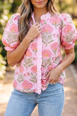 Pink Sweet Blooms Ruffle Striped Trim Puff Sleeve Shirt