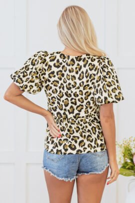 Apricot Leopard Bubble Sleeve Bow Tie Front Peplum Blouse - Image 2
